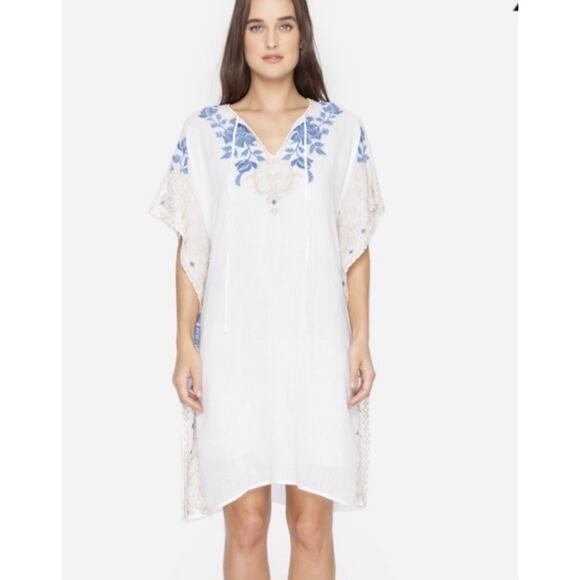 Johnny Was 3J Workshop White Blue Beige Embroidered Kaftan Dress Size Medium - Picture 2 of 10